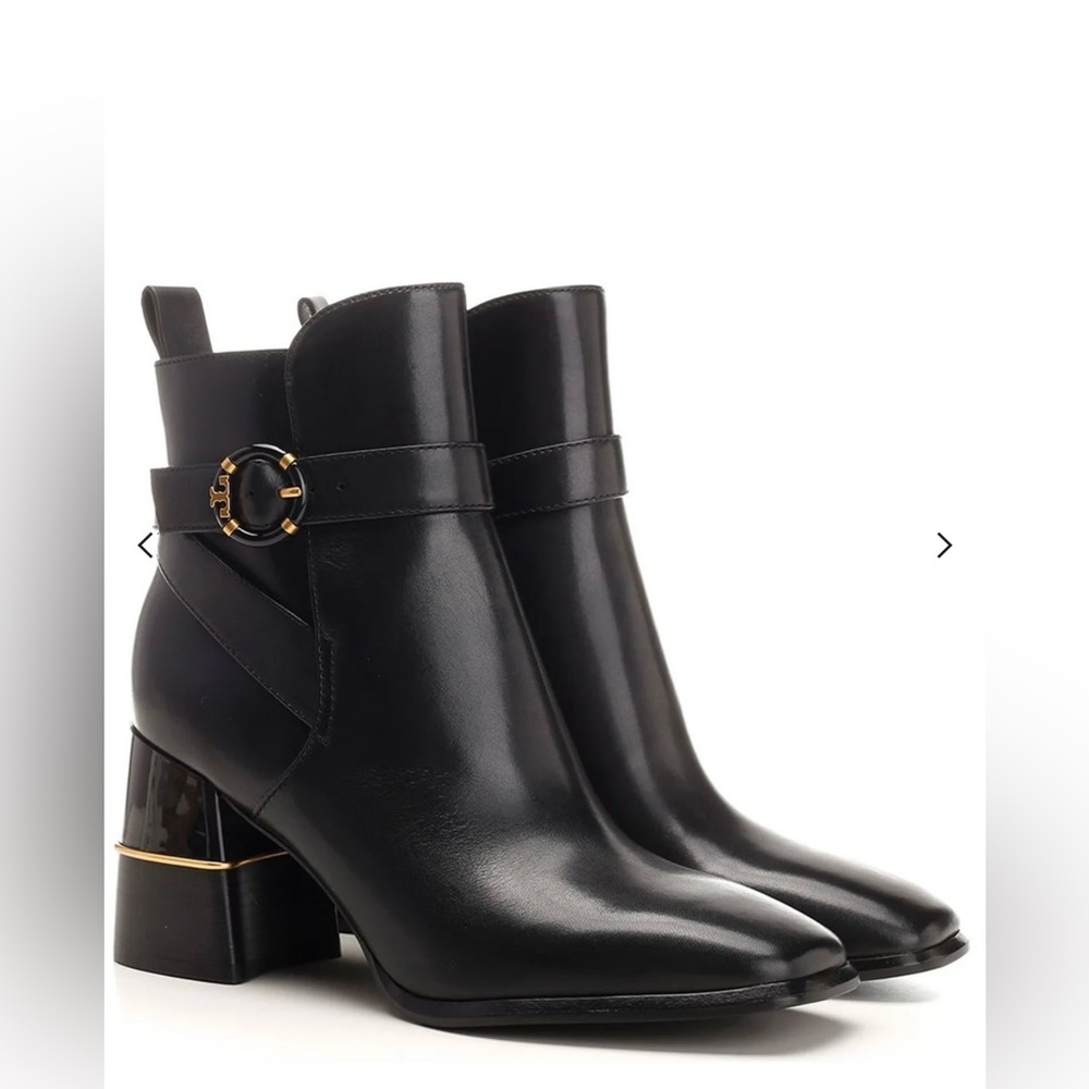 Tory Burch Black Leather Ankle Boots with Logo Buckle and gold accent EUC size 9